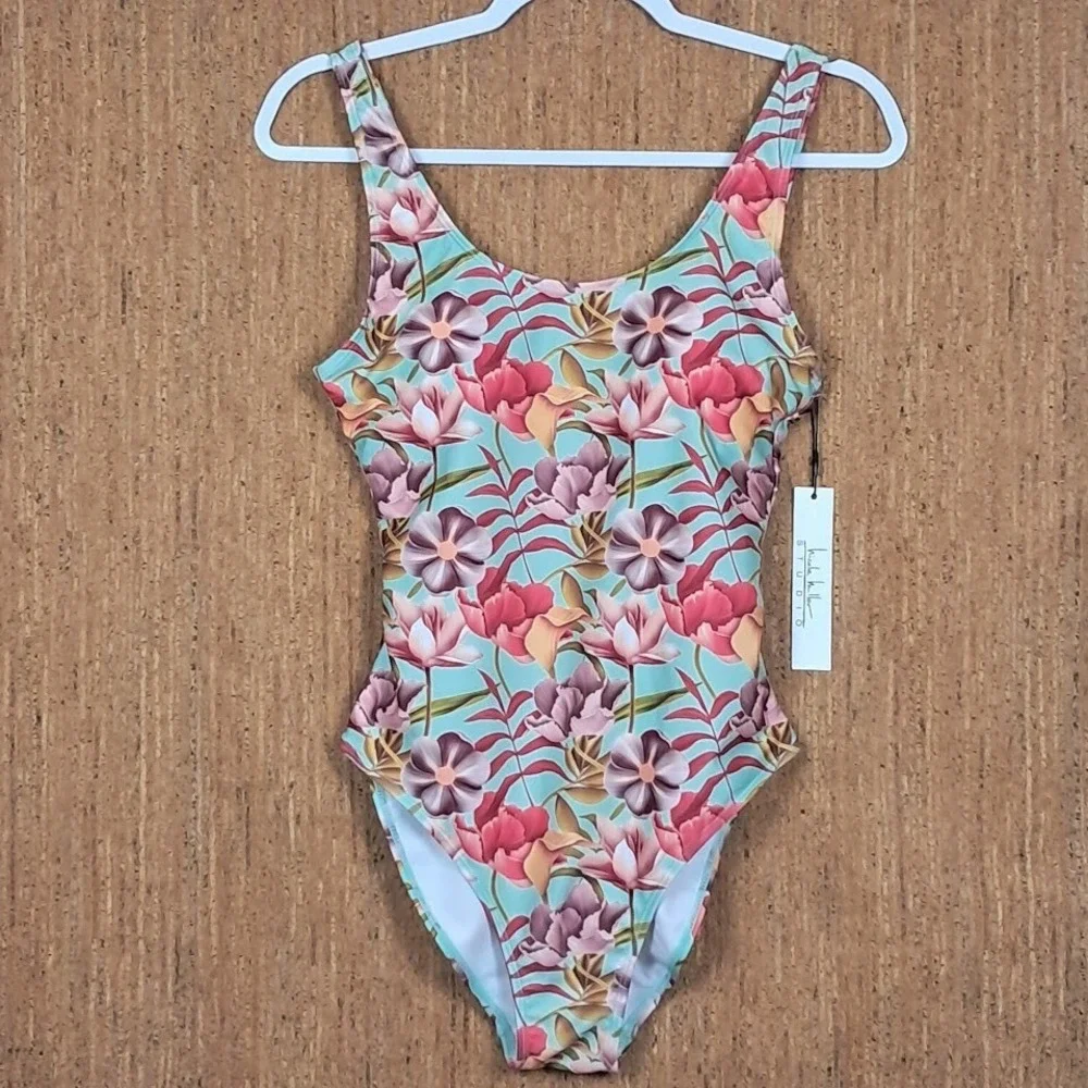 NICOLE MILLER Sz S One Piece Swimsuit Leaf Cascade Print Scoop Back NWT $120